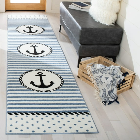SAFAVIEH Carousel Kids Kennet Anchor Runner Rug, Ivory/Navy, 2'3" x 6'