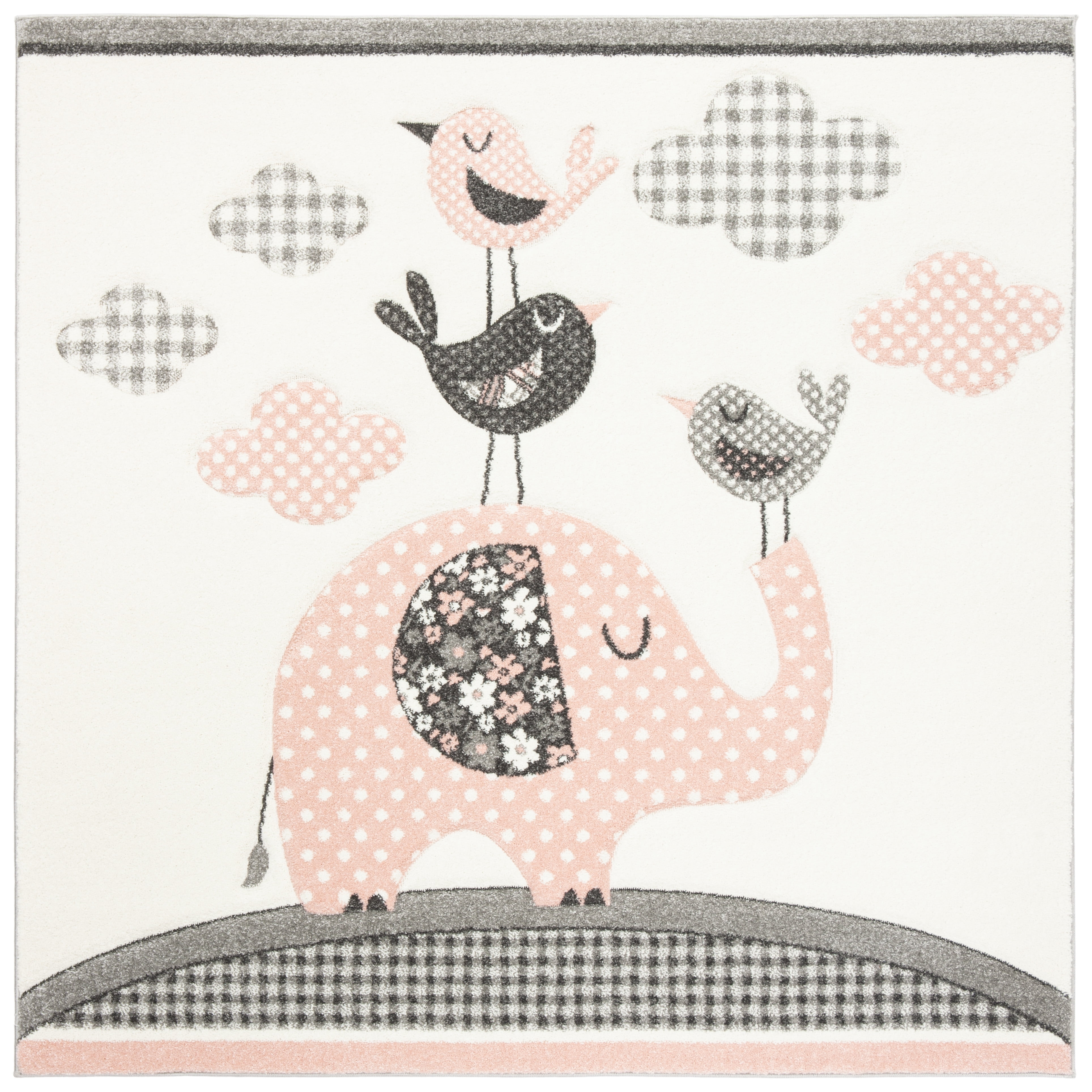 Ivory and Pink Hand-Knotted Synthetic Kids' Square Rug
