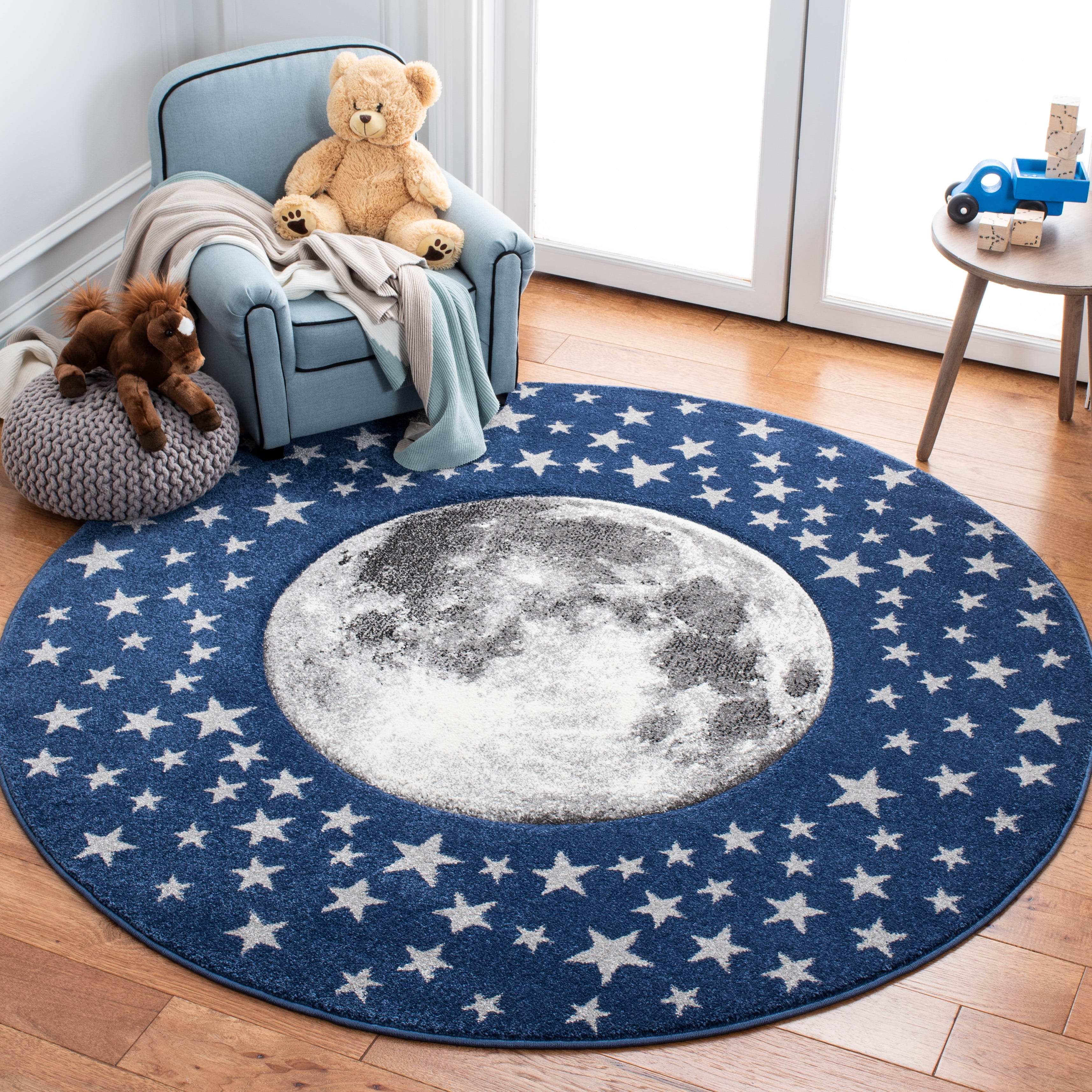 SAFAVIEH Carousel Kids Moon in the Stars Area Rug, Navy/Gray, 3' x 3' Round