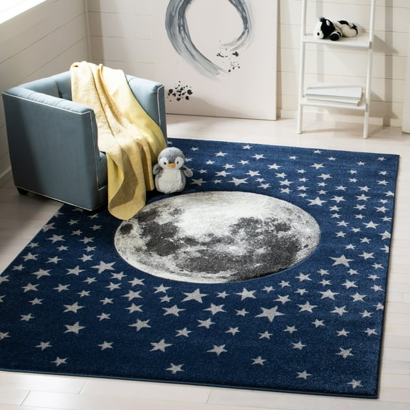 SAFAVIEH Carousel Kids Moon in the Stars Area Rug, Navy/Gray, 5'3" x 5'3" Square