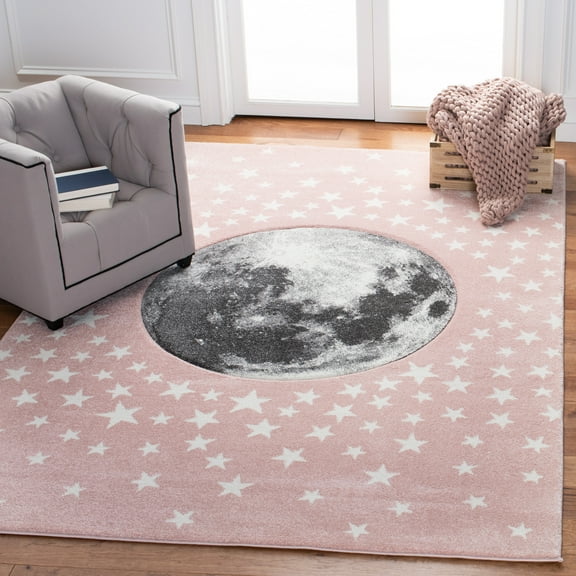 SAFAVIEH Carousel Kids Moon in the Stars Area Rug, Pink/Gray, 3' x 3' Square