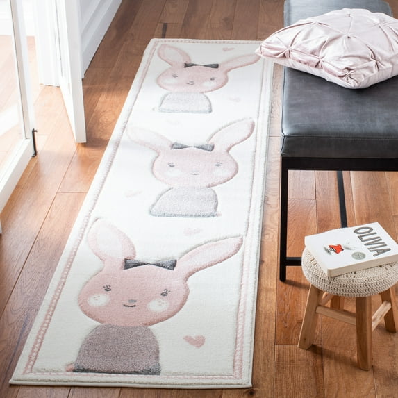 SAFAVIEH Carousel Kids Clark Shy Bunny Runner Rug, Ivory/Pink, 2' x 8'
