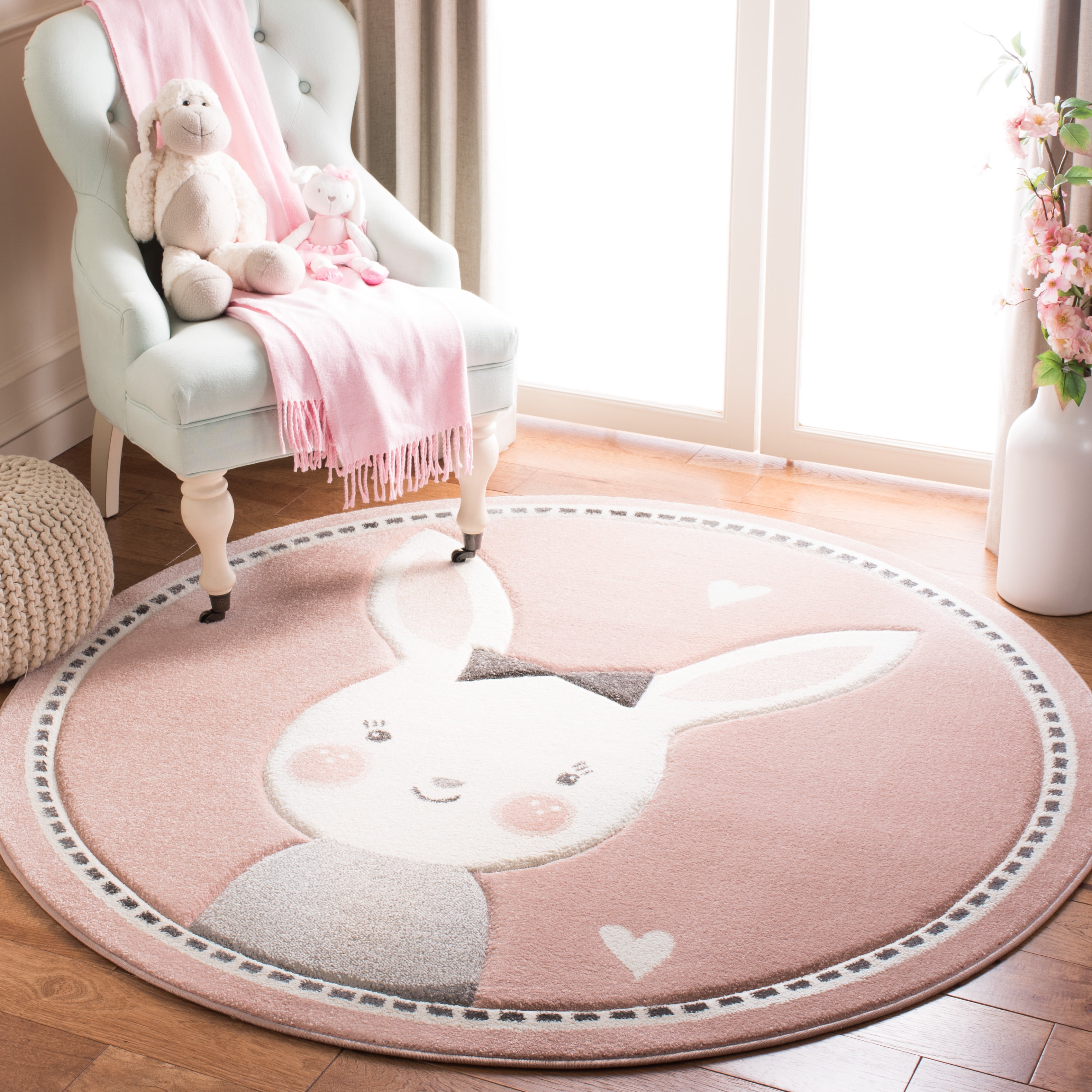 Enchanted Ivory Pink Round Synthetic Kids Play Rug - 5'3"