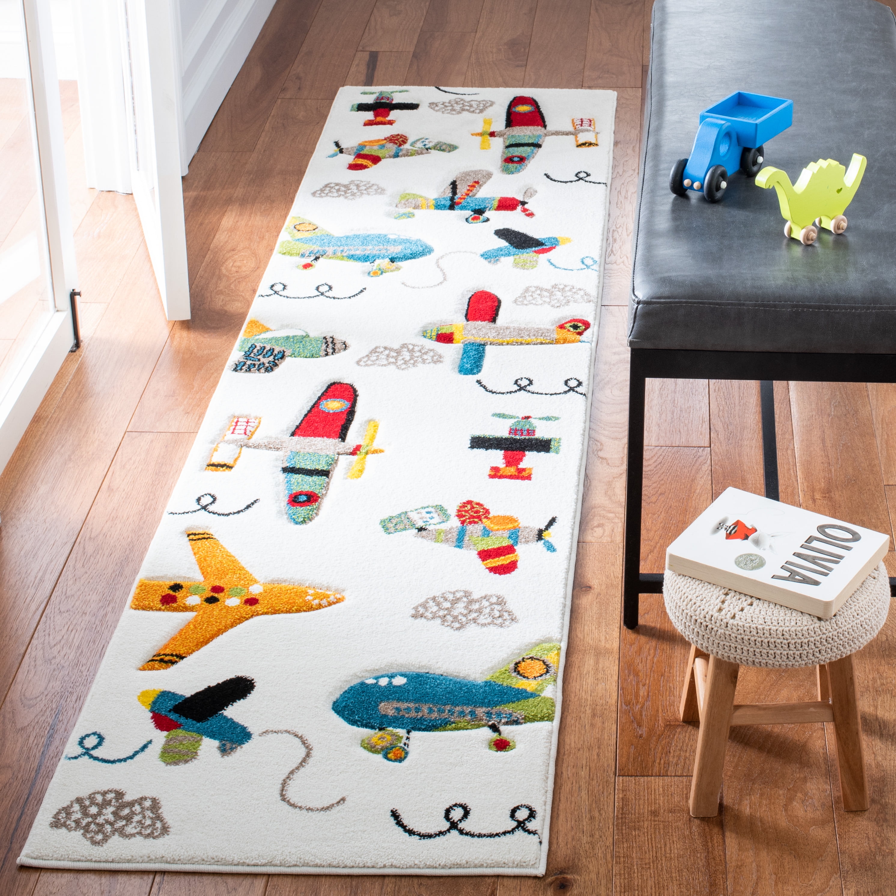 Ivory and Blue Airplane Kids Runner Rug 2' x 8'