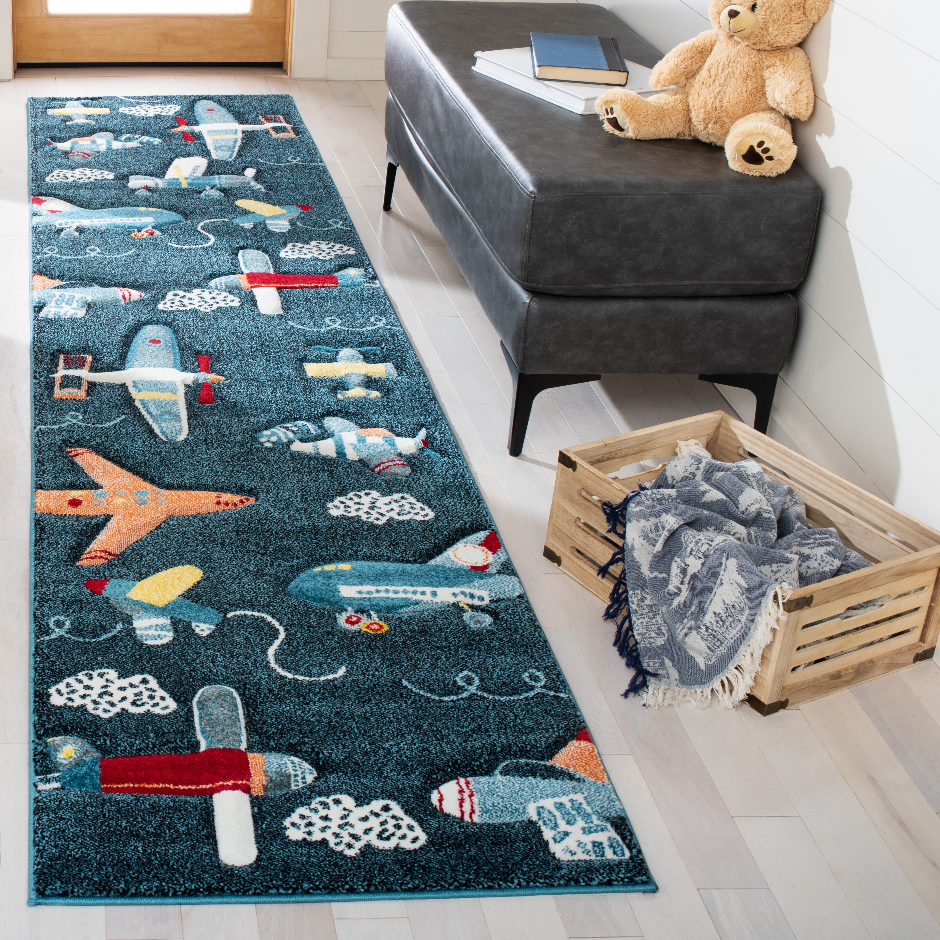 Navy and Ivory Airplane Kids Runner Rug 2'3" x 6'