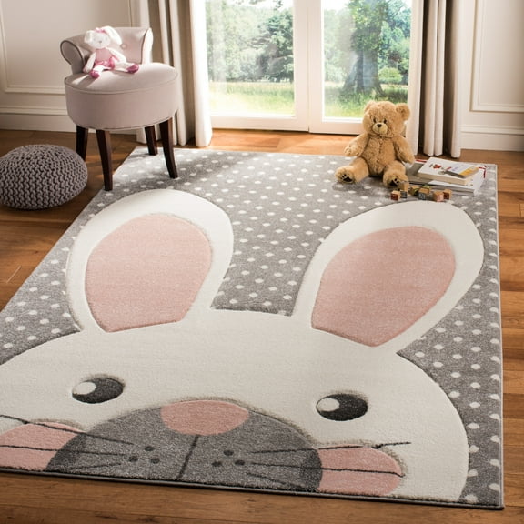 SAFAVIEH Carousel Kids Laidley Happy Bunny Animal Print Area Rug, Pink/Gray, 5'3" x 5'3" Square