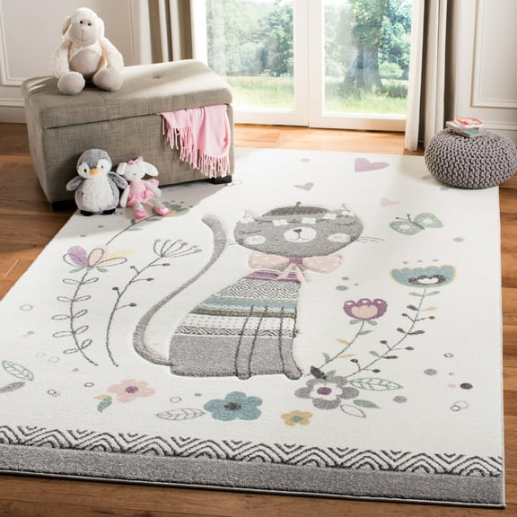 SAFAVIEH Carousel Kids Eugene Sleeping Kitten Area Rug, Ivory/Pink, 5'3" x 5'3" Square