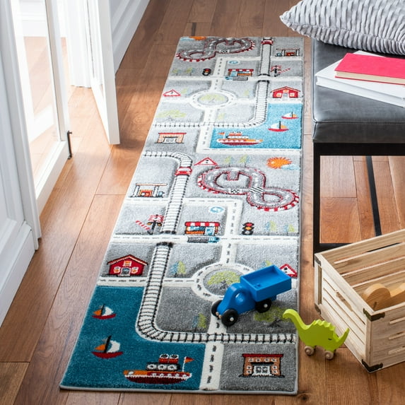 SAFAVIEH Carousel Kids Devan Train Track Runner Rug, Gray/Ivory, 2' x 8'