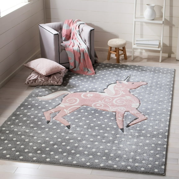 SAFAVIEH Carousel Kids Dalach Unicorn Area Rug, Gray/Ivory/Pink, 2' x 3'