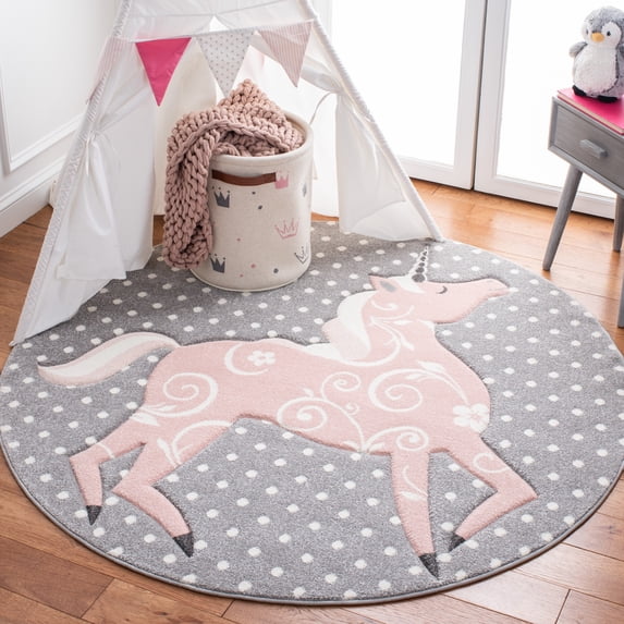 SAFAVIEH Carousel Kids Dalach Unicorn Area Rug, Gray/Ivory/Pink, 3' x 3' Round
