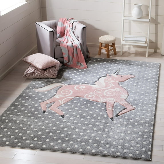 SAFAVIEH Carousel Kids Dalach Unicorn Area Rug, Gray/Ivory/Pink, 5'3" x 5'3" Square