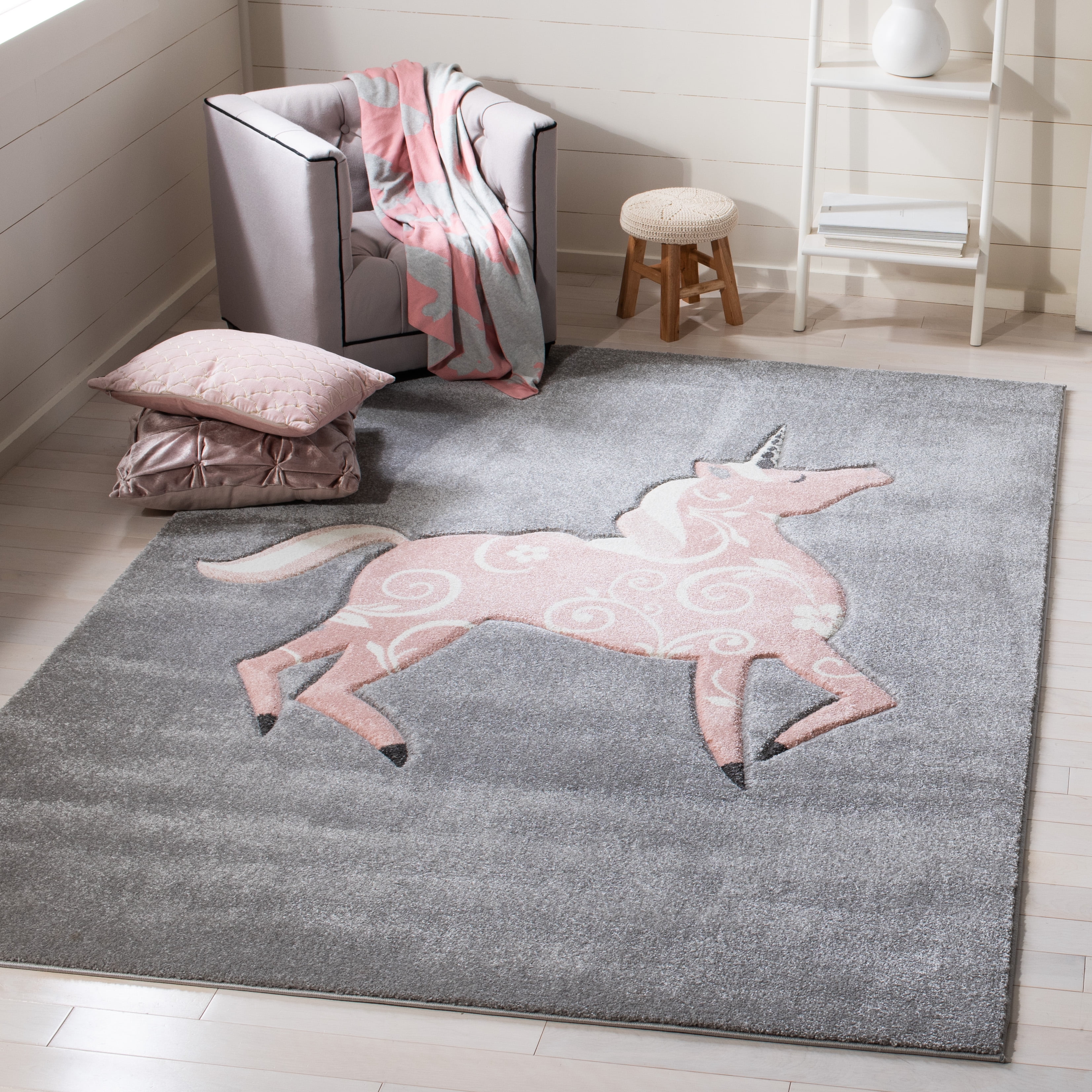 SAFAVIEH Carousel Kids Dalach Unicorn Area Rug, Gray/Pink, 3' x 3' Square