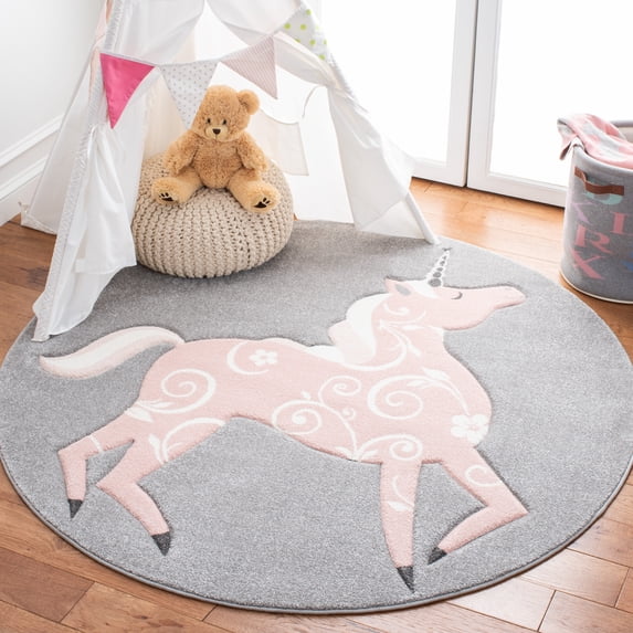 SAFAVIEH Carousel Kids Dalach Unicorn Area Rug, Gray/Pink, 6'7" x 6'7" Round