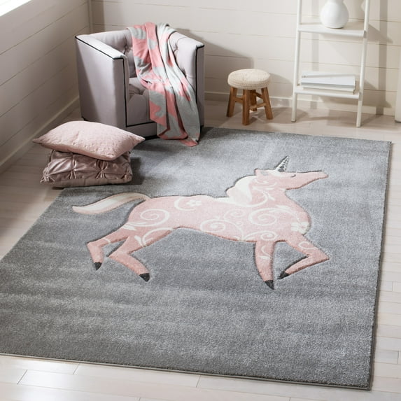 SAFAVIEH Carousel Kids Dalach Unicorn Area Rug, Gray/Pink, 6'7" x 6'7" Square