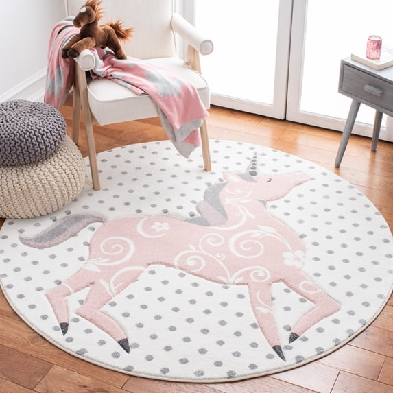 SAFAVIEH Carousel Kids Dalach Unicorn Area Rug, Ivory Gray/Pink, 5'3" x 5'3" Round