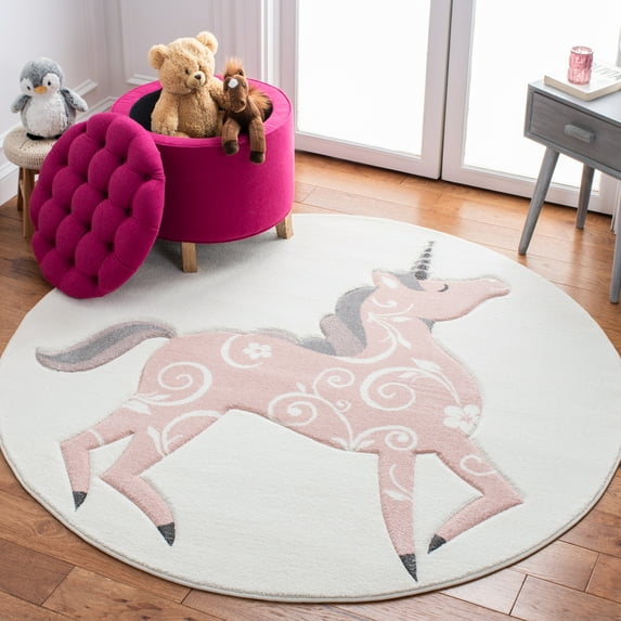 SAFAVIEH Carousel Kids Dalach Unicorn Area Rug, Ivory/Pink, 5'3" x 5'3" Round