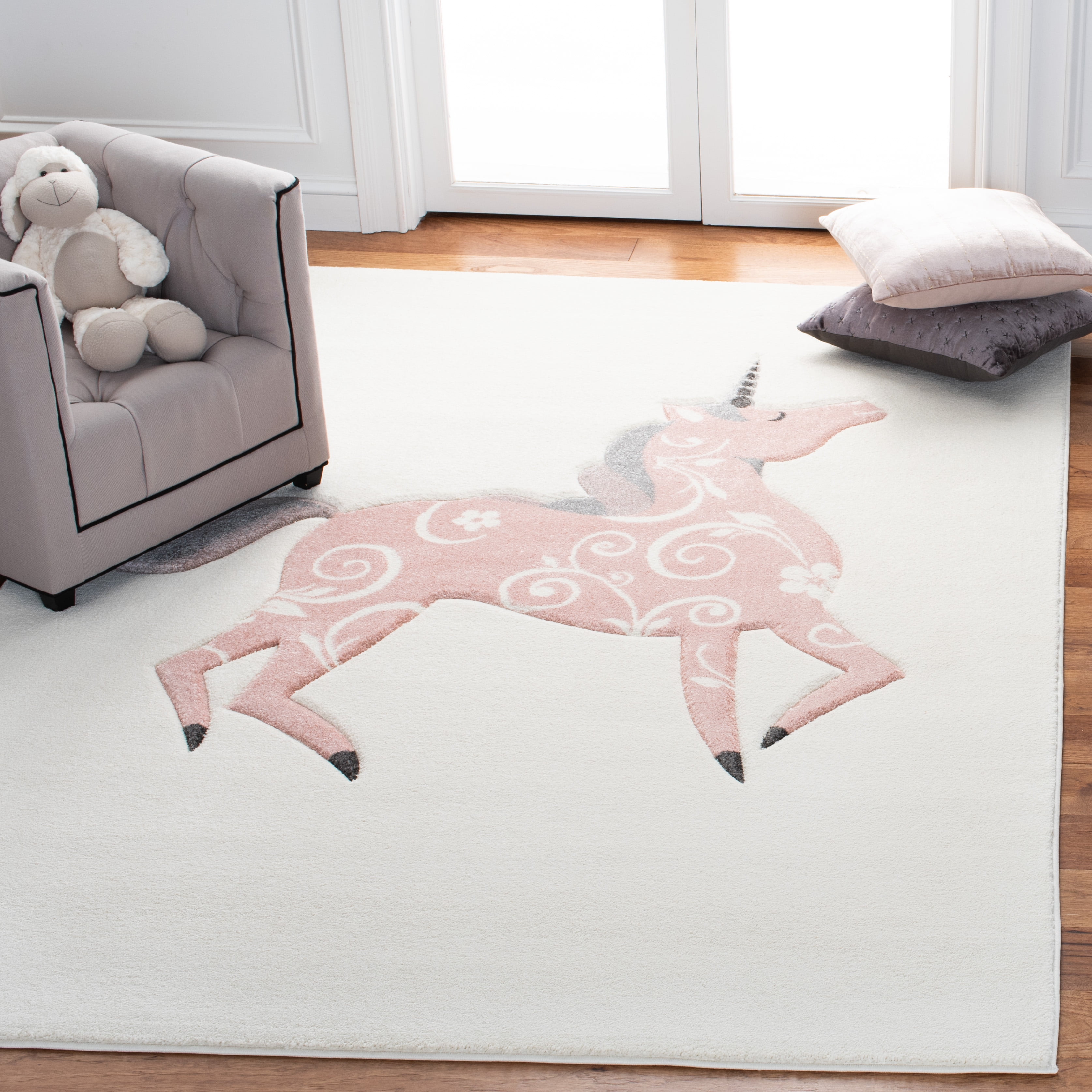 Ivory and Pink Unicorn Kids Rectangular Area Rug