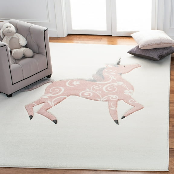 SAFAVIEH Carousel Kids Dalach Unicorn Area Rug, Ivory/Pink, 5'3" x 7'6"