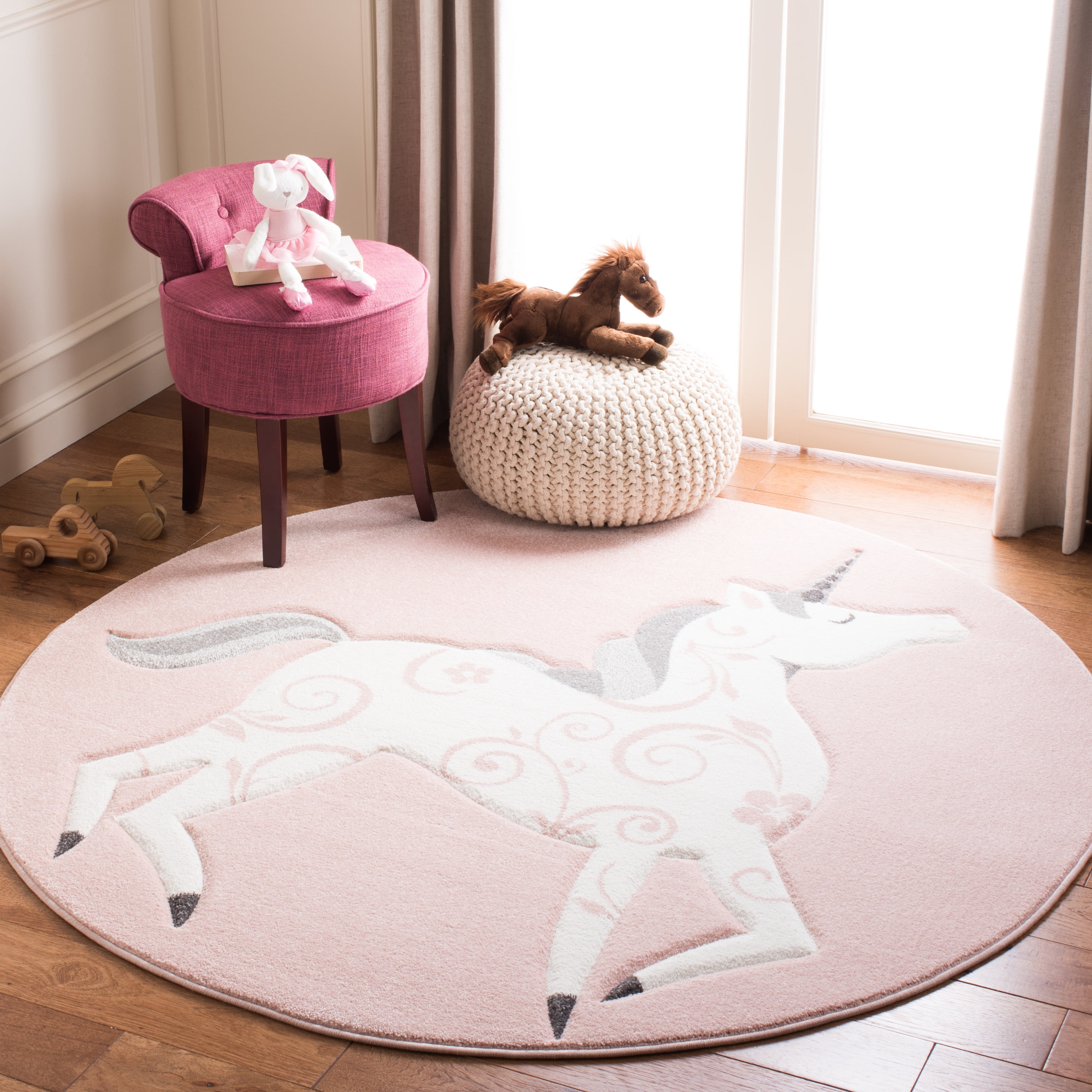 SAFAVIEH Carousel Kids Dalach Unicorn Area Rug, Pink/Ivory, 4' x 4