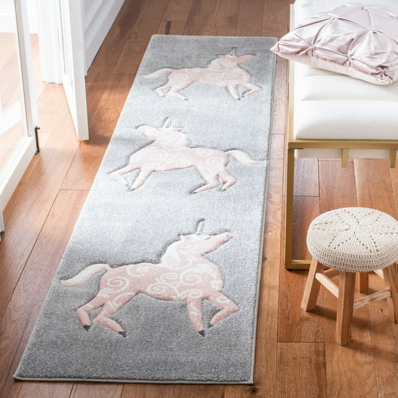 SAFAVIEH Carousel Kids Dalach Unicorn Runner Rug, Gray/Pink, 2' x 8'