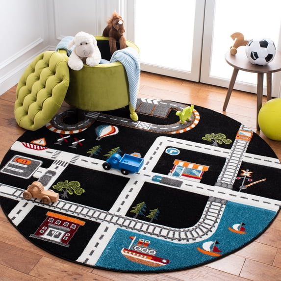 SAFAVIEH Carousel Kids Devan Train Track Area Rug, Black/Ivory, 3' x 3' Round