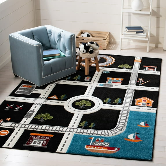 SAFAVIEH Carousel Kids Devan Train Track Area Rug, Black/Ivory, 3' x 3' Square
