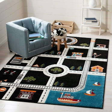 SAFAVIEH Carousel Kids Devan Train Track Area Rug, Black/Ivory, 5'3" x 7'6"