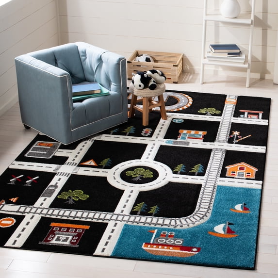 SAFAVIEH Carousel Kids Devan Train Track Area Rug, Black/Ivory, 8' x 8' Square