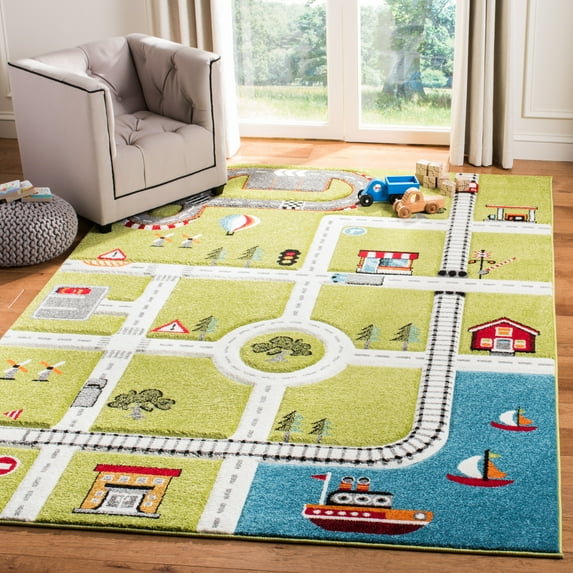 SAFAVIEH Carousel Kids Devan Train Track Area Rug, Green/Ivory, 3' x 3' Square