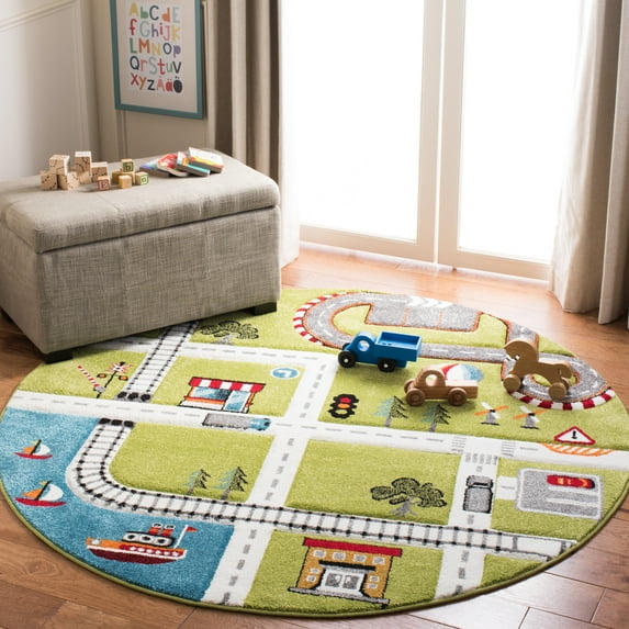 SAFAVIEH Carousel Kids Devan Train Track Area Rug, Green/Ivory, 4' x 4' Round