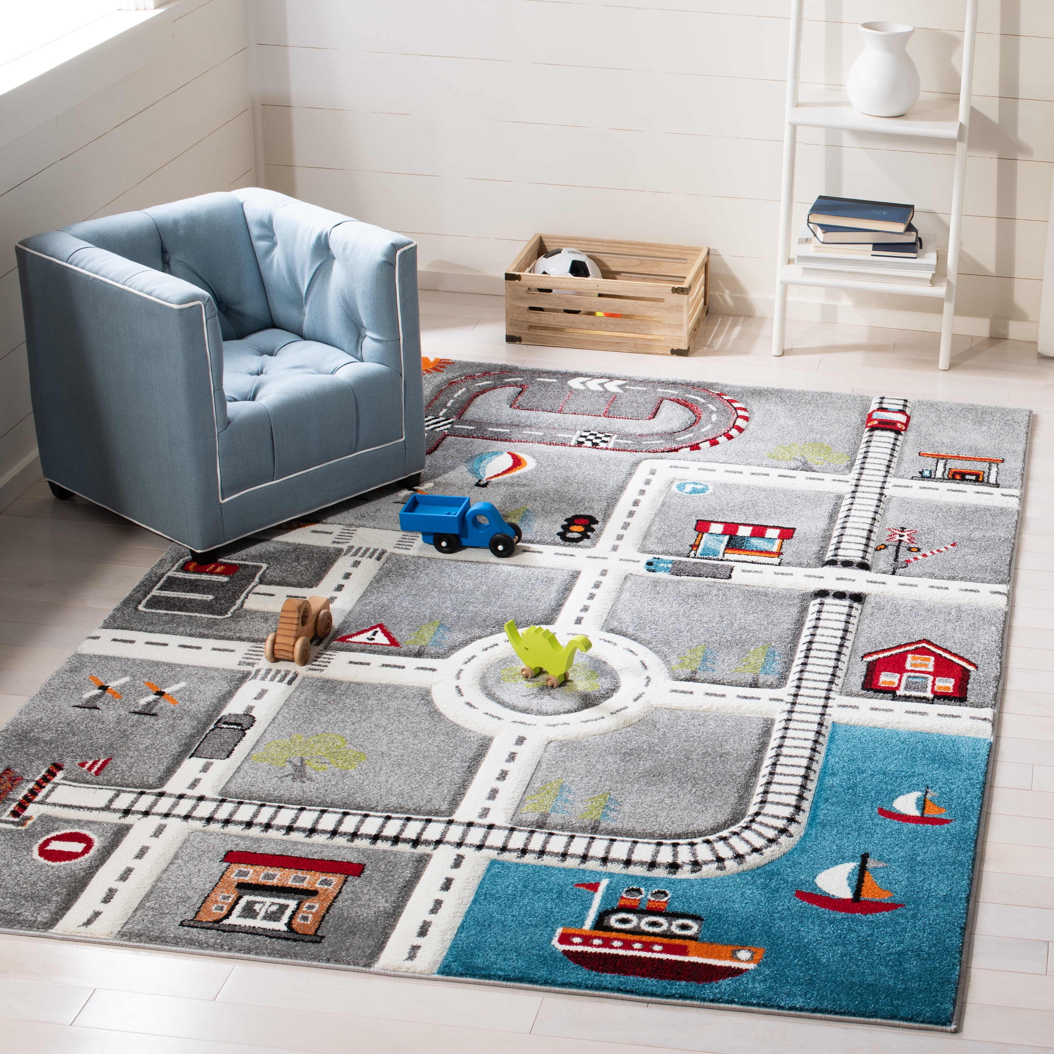 Ariva Train Rug SAFAVIEH Carousel Kids Devan Train Track Area Rug, Gray/Ivory, 5'3