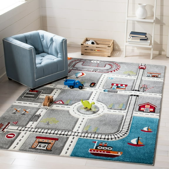 SAFAVIEH Carousel Kids Devan Train Track Area Rug, Gray/Ivory, 5'3" x 7'6"