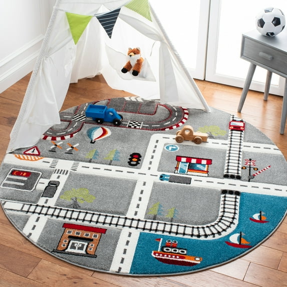 SAFAVIEH Carousel Kids Devan Train Track Area Rug, Gray/Ivory, 8' x 8' Round