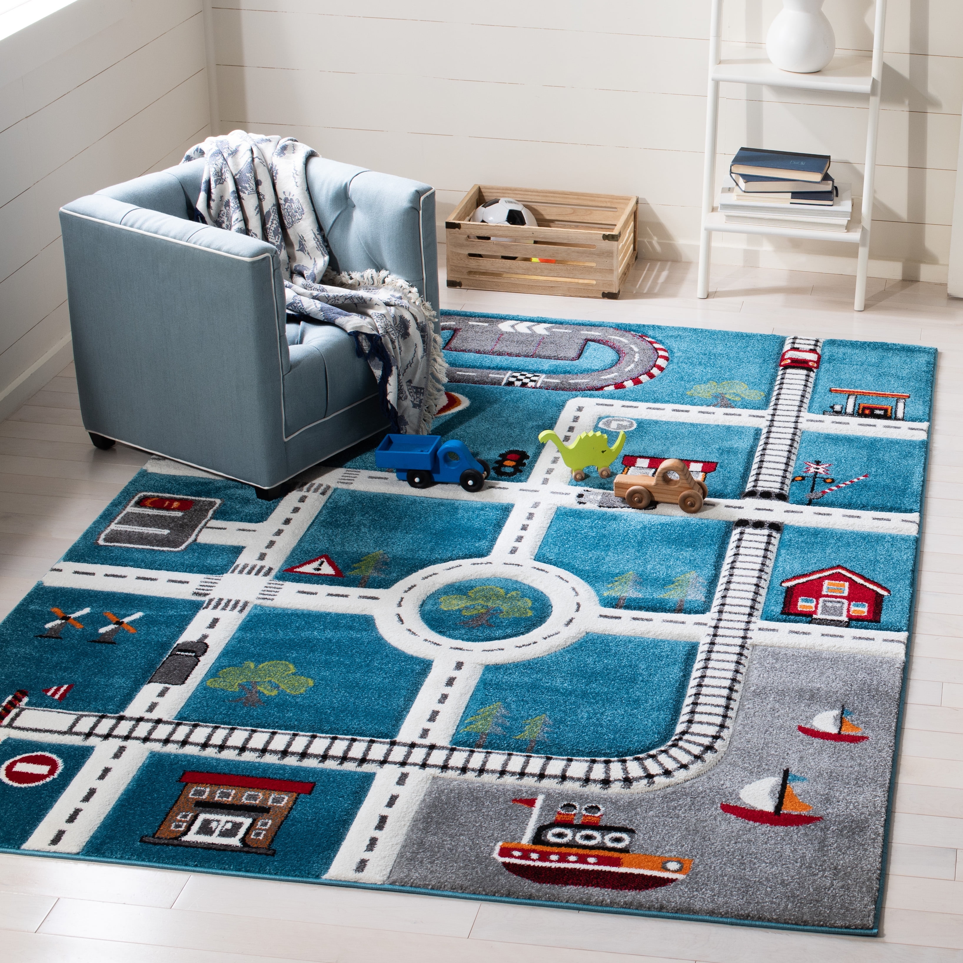 SAFAVIEH Carousel Kids Devan Train Track Area Rug, Turquoise/Ivory, 3' x 3' Square