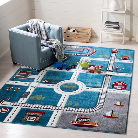 SAFAVIEH Carousel Kids Devan Train Track Area Rug, Turquoise/Ivory, 3' x 3' Square