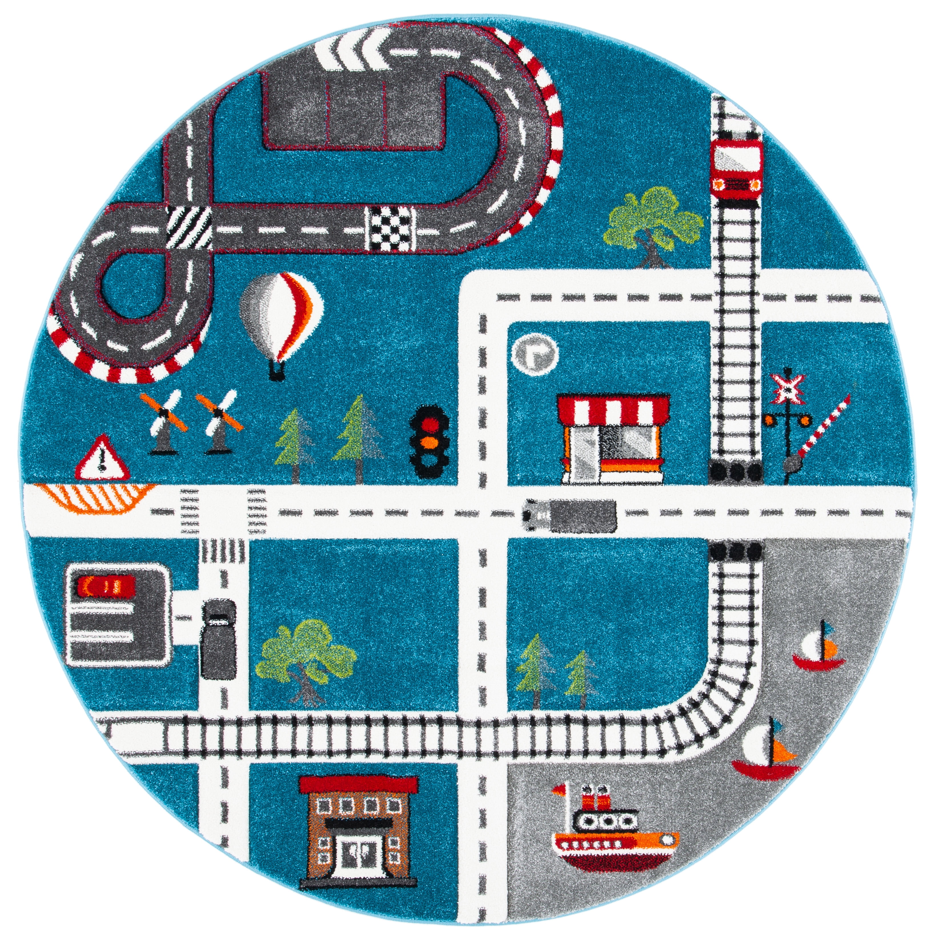Turquoise and Ivory Round Kids Train Track Area Rug