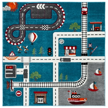 SAFAVIEH Carousel Kids Devan Train Track Area Rug, Turquoise/Ivory, 6'7" x 6'7" Square