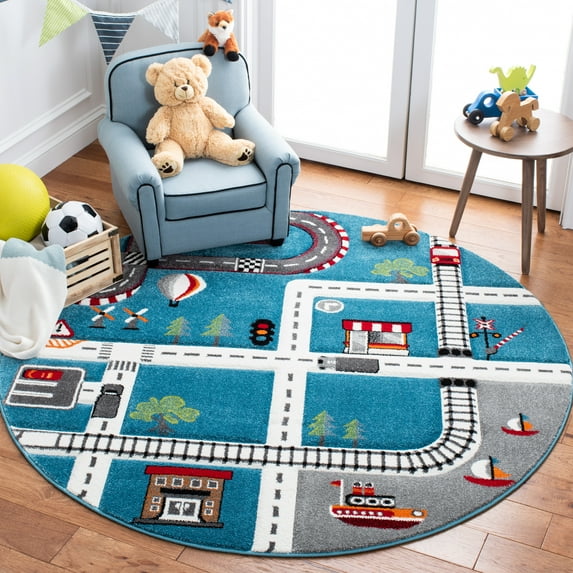 SAFAVIEH Carousel Kids Devan Train Track Area Rug, Turquoise/Ivory, 8' x 8' Round