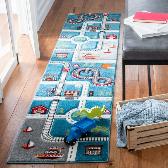 SAFAVIEH Carousel Kids Devan Train Track Runner Rug, Turquoise/Ivory, 2'3" x 6'