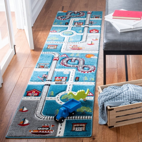 SAFAVIEH Carousel Kids Devan Train Track Runner Rug, Turquoise/Ivory, 2'3" x 6'