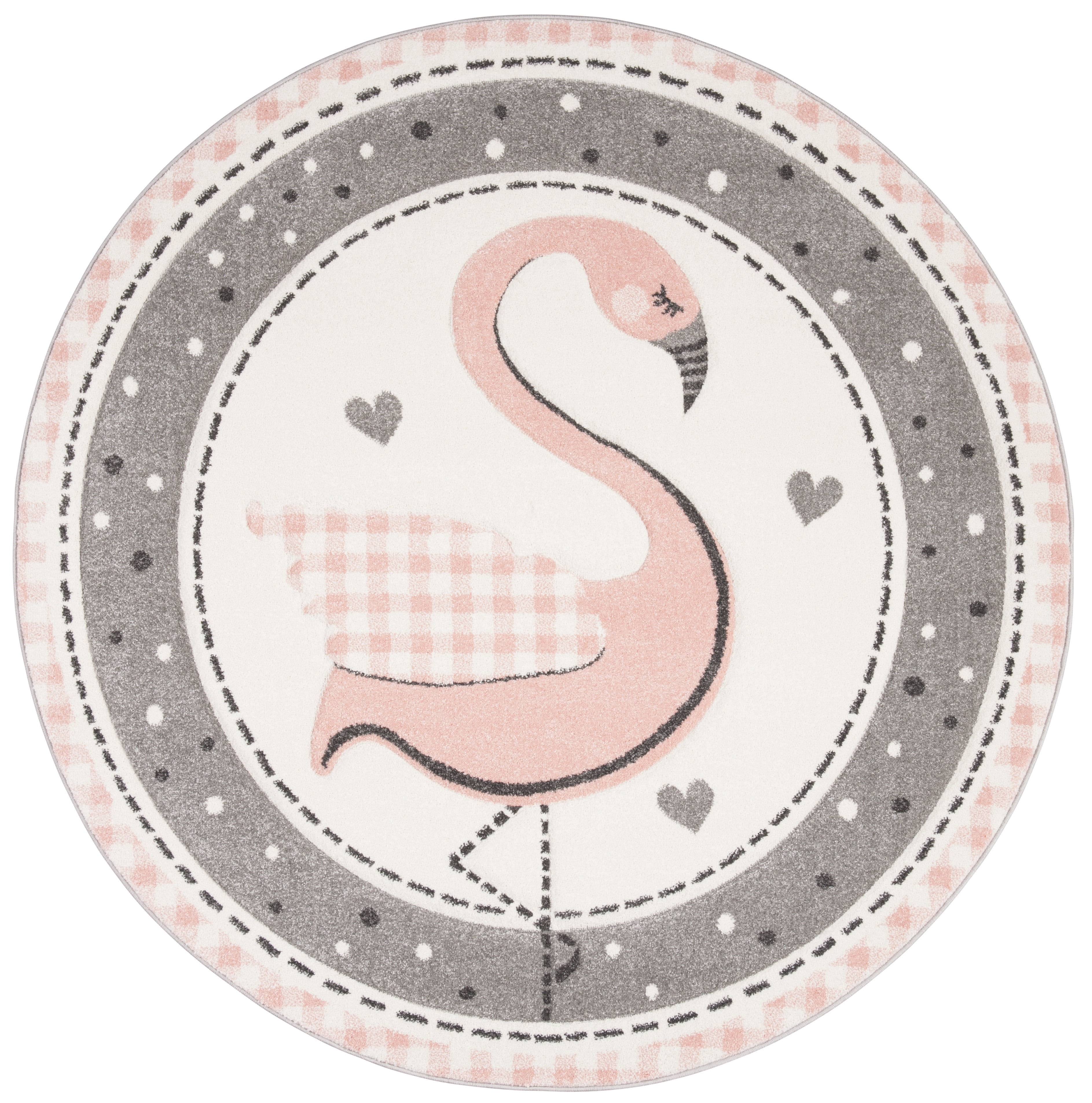 Ivory and Pink Round Hand-knotted Kids Rug, 5'3"