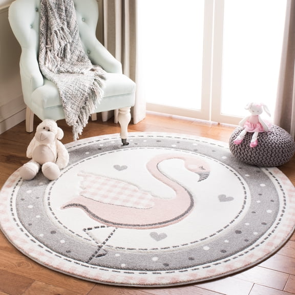 SAFAVIEH Carousel Kids Dina Flamingo Animal Print Area Rug, Pink/Ivory, 5'3" x 5'3" Round