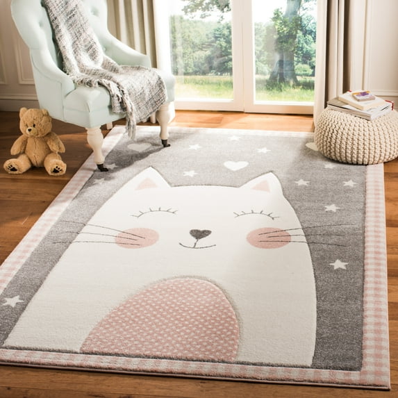 SAFAVIEH Carousel Kids Emelly Happy Cat Area Rug, Pink/Gray, 3'3" x 5'3"