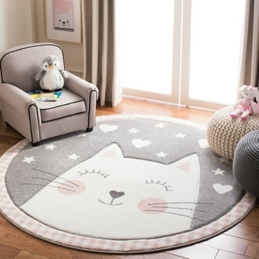 SAFAVIEH Carousel Kids Emelly Happy Cat Area Rug, Pink/Grey, 3' x 3' Round