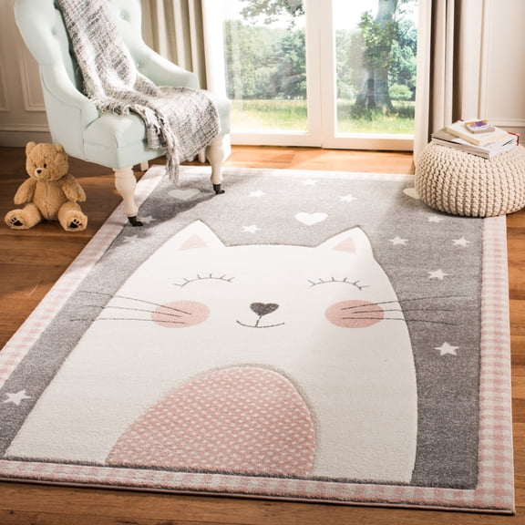 SAFAVIEH Carousel Kids Emelly Happy Cat Area Rug, Pink/Gray, 6'7" x 9'