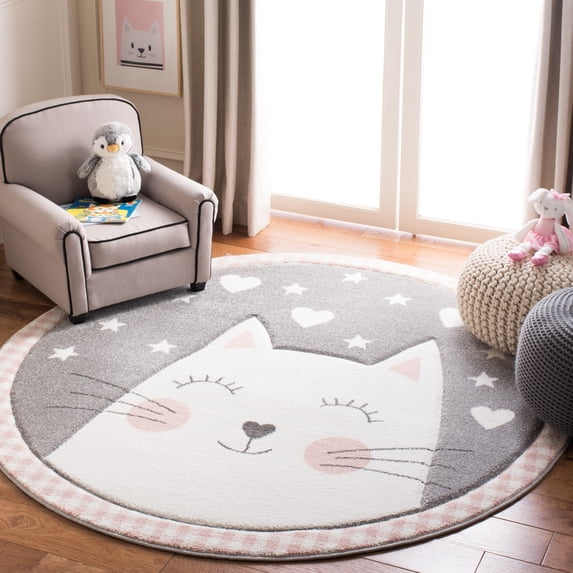 SAFAVIEH Carousel Kids Emelly Happy Cat Area Rug, Pink/Gray, 8' x 8' Round