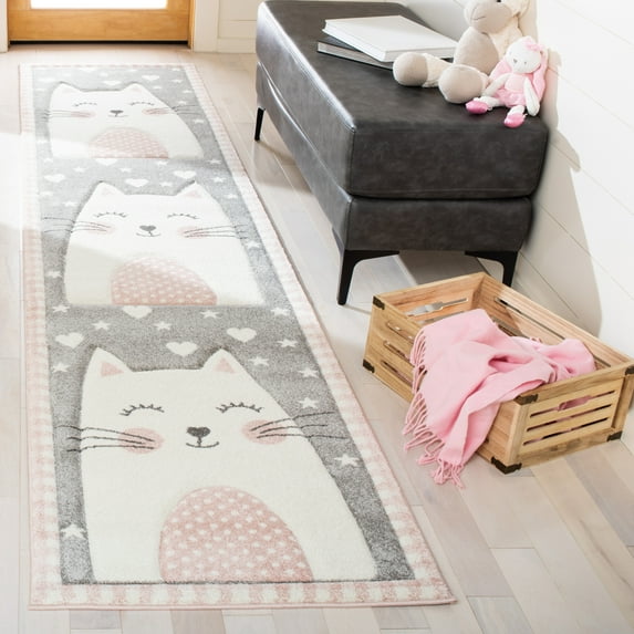 SAFAVIEH Carousel Kids Emelly Happy Cat Runner Rug, Pink/Gray, 2' x 8'
