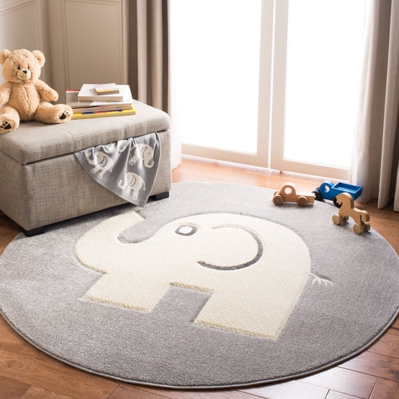 SAFAVIEH Carousel Kids Fallon Elephant Area Rug, Gray/Ivory, 5'3" x 5'3" Round