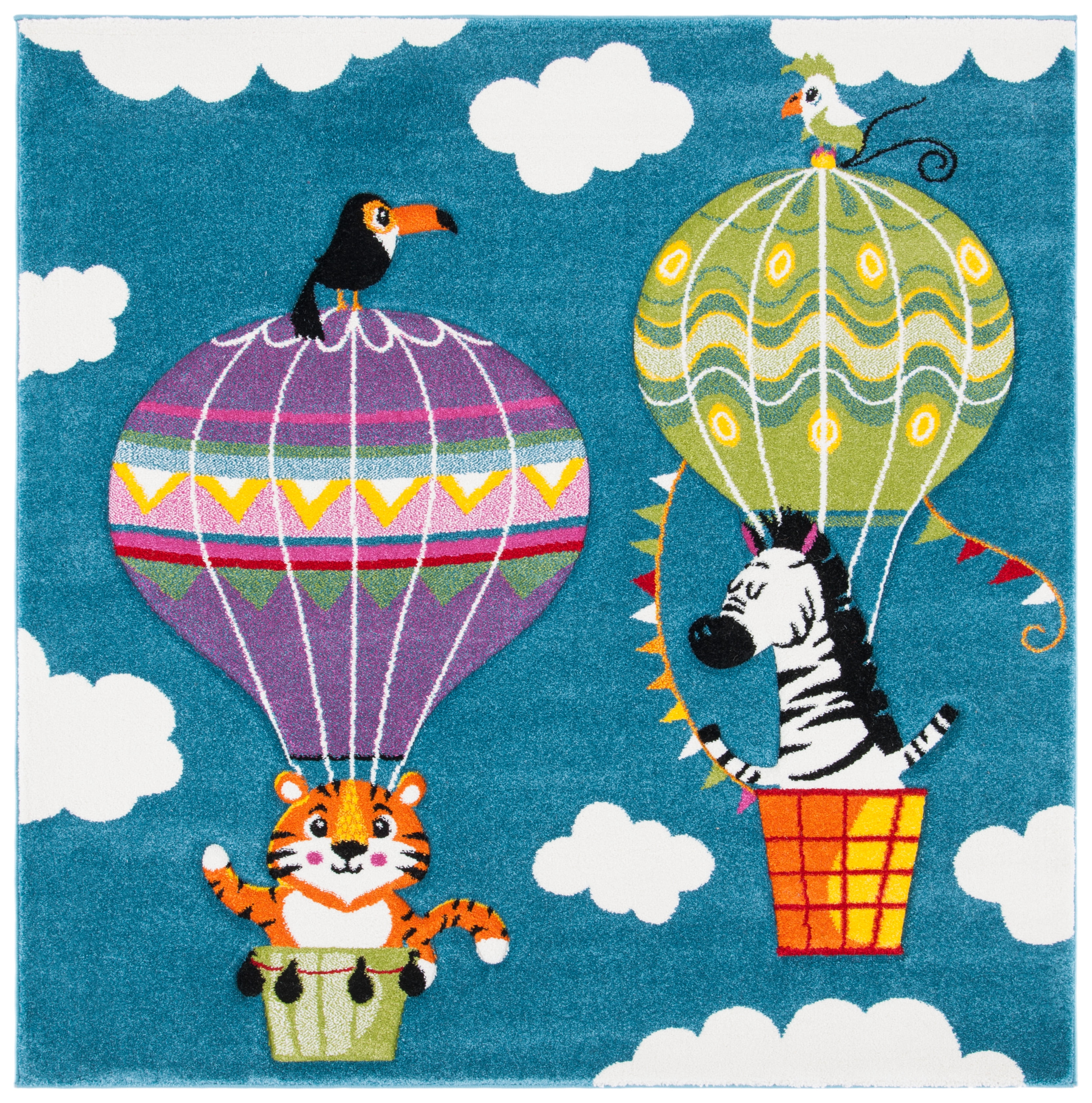 Blue and Green Square Kids' Hot Air Balloon Rug