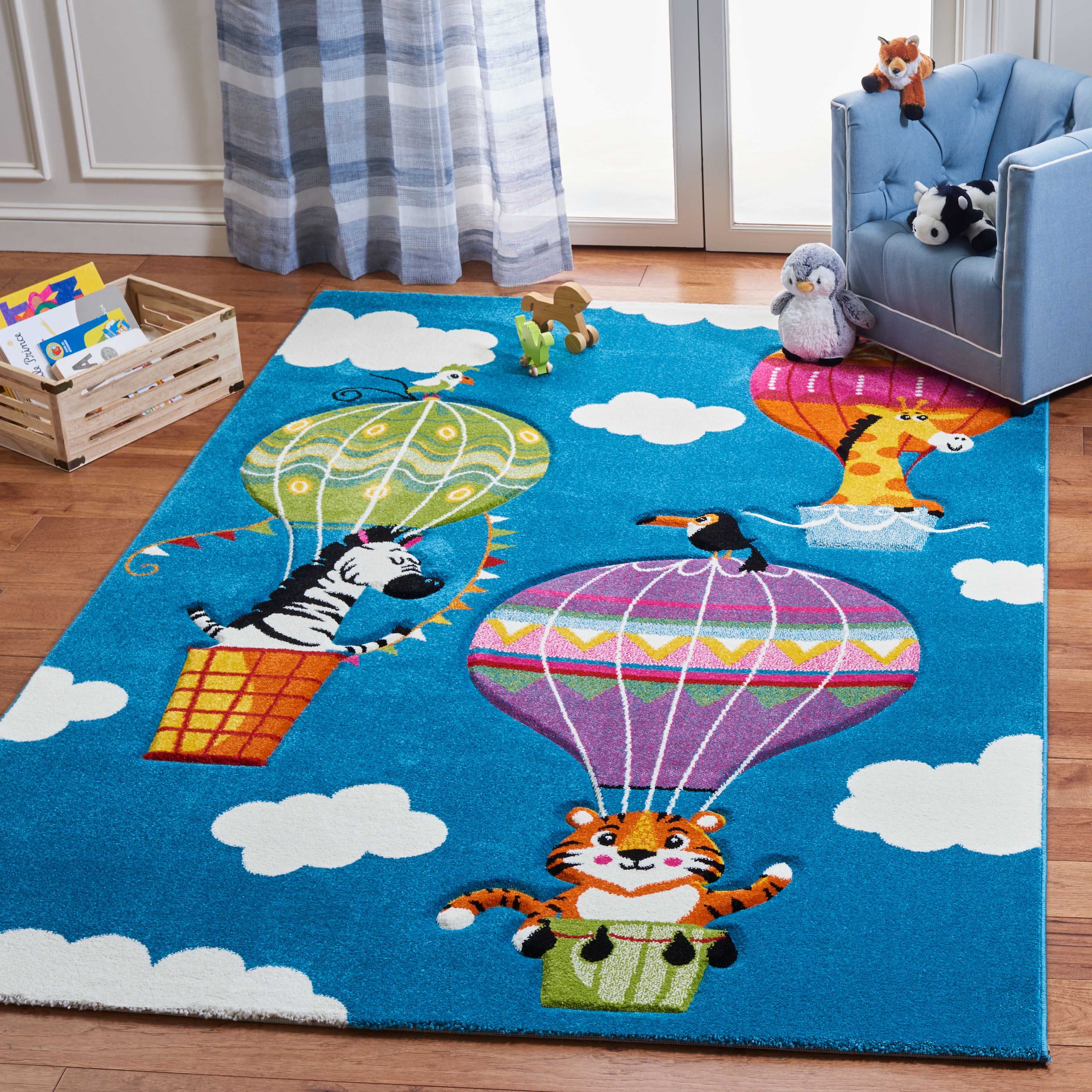 Blue and Green Square Kids Non-slip Synthetic Area Rug
